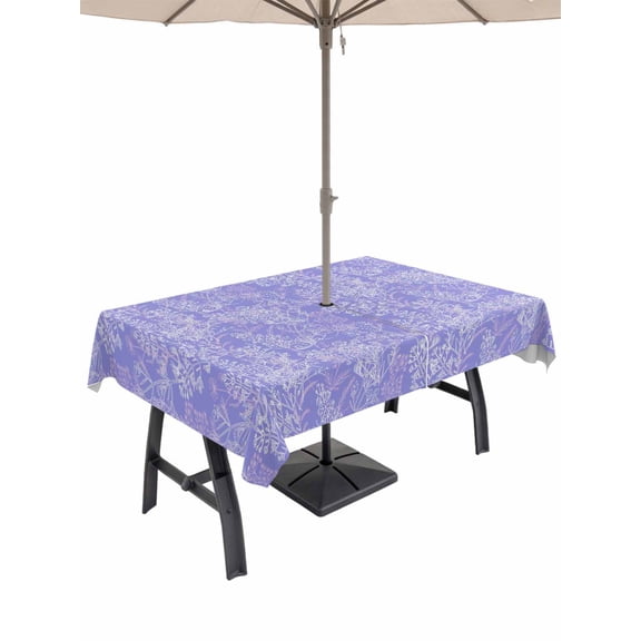 Outdoor Tablecloth with Umbrella Hole and Zipper, Purple Flowers Rectangle Table Cloth 52x70 Inch Waterproof Tablecloth, Spring Vintage Flowers Country Plants Picnic Table Cover for Patio Camping