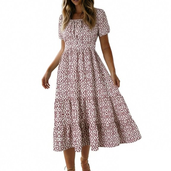 Eagokdc Summer Dresses for Women Crew Neck Loose Casual Beach Short Sleeve Floral Elegant Maxi Dress With Pockets Size S-2XL
