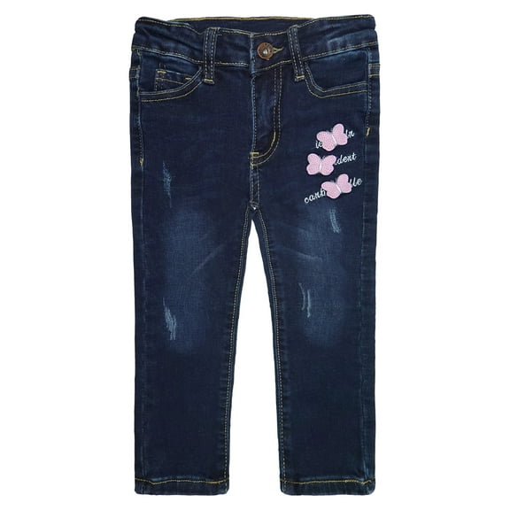 KIDSCOOL SPACE Little Girls Jeans,Elastic Band Inside Embroidered Butterfly Stretchy Soft Denim Slim Pants,4-5 Years