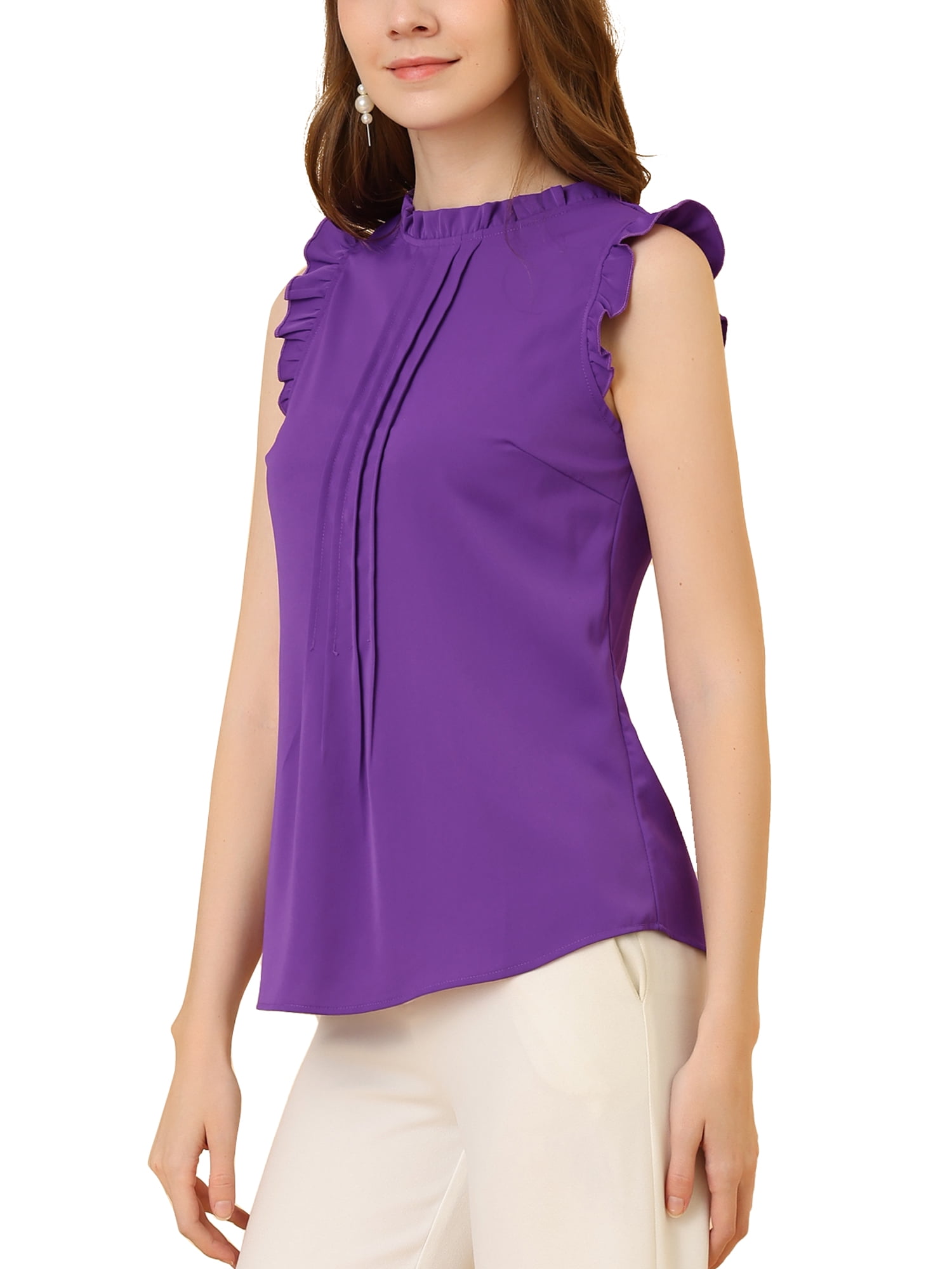 DARING DIVA Women's Ruffled Trim Pleated Plain Blouse Top M Deep Purple