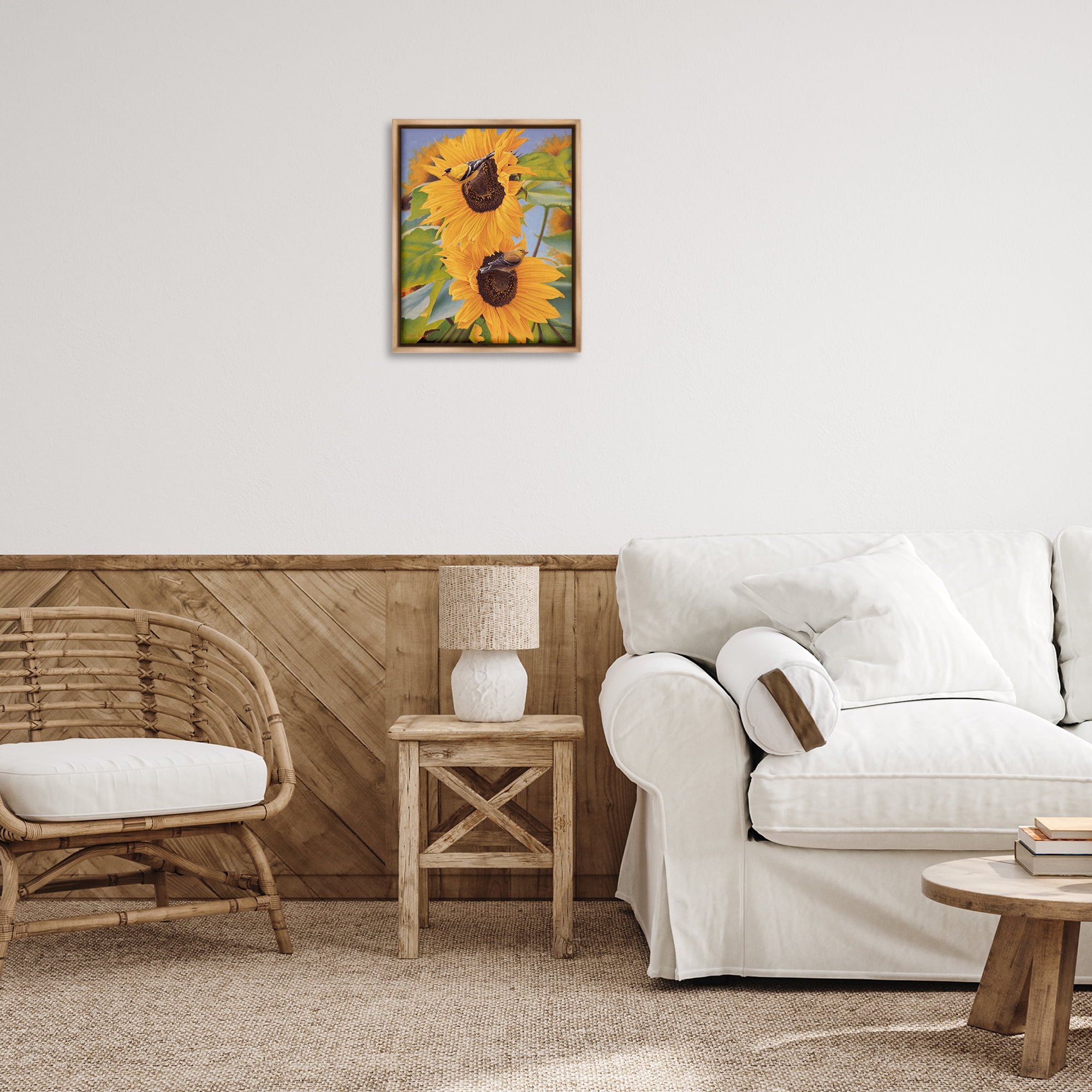 Stupell Industries Yellow Bird & Sunflowers Plants & Flowers Photography Brown Floater Framed Canvas Art Print Wall Art, 17 x 21