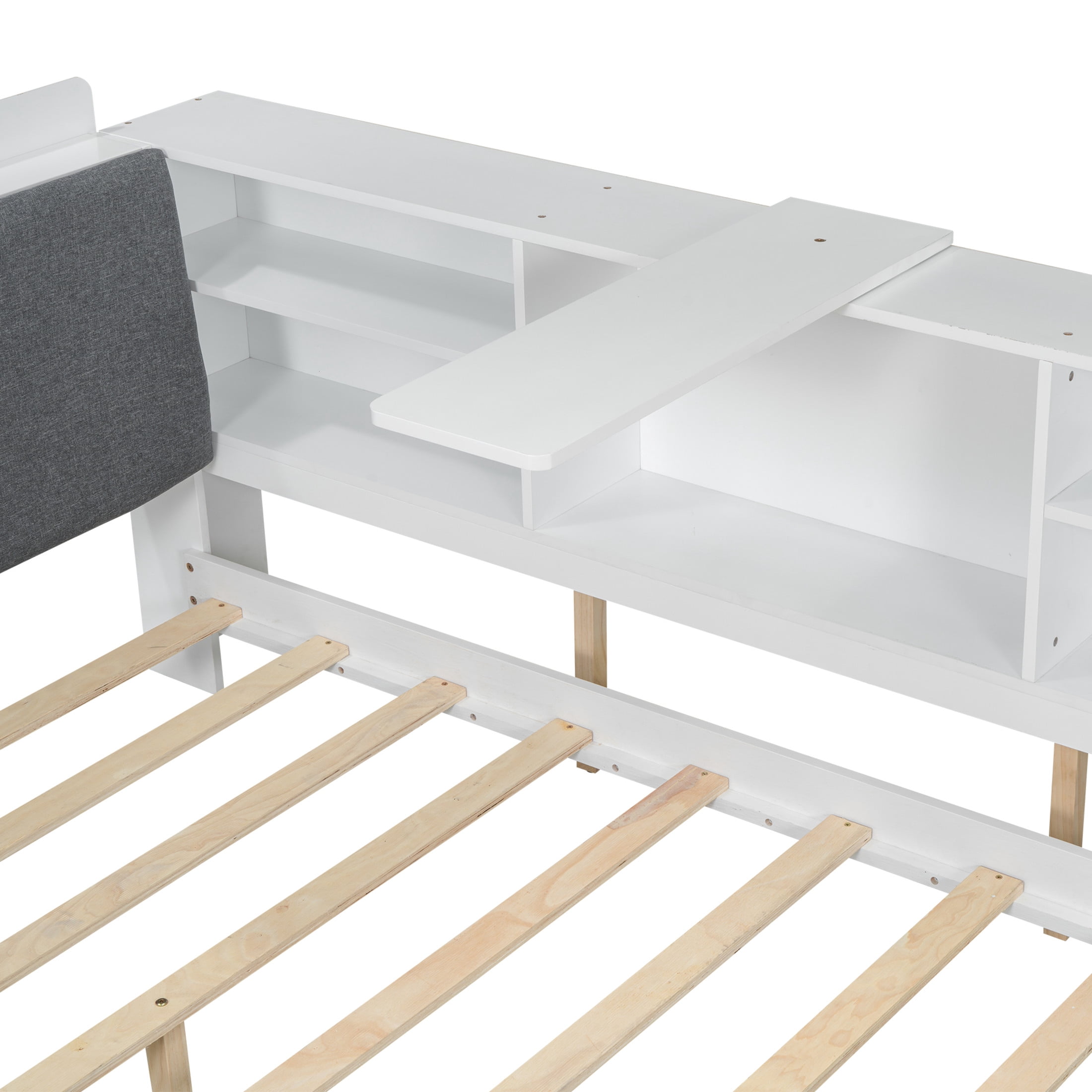 Noble House Wrene Full Size Wood Platform Bed, Storage Headboard Shelves with 2 Drawers and Rotatable Board, White