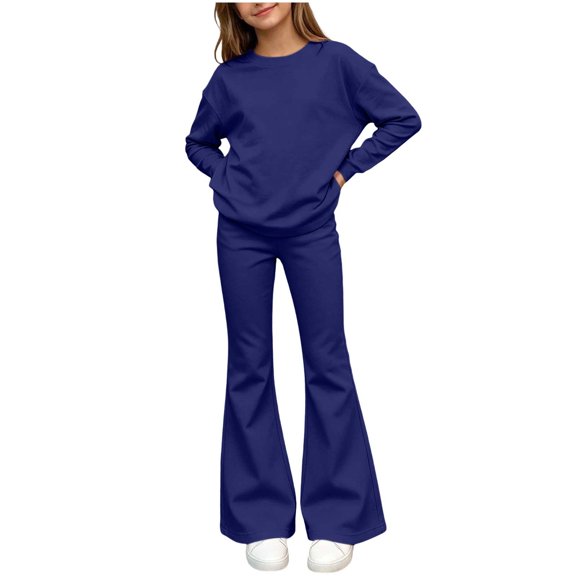 Zpanxa Girls Fall Outfits Solid Color Long Sleeve Crew Neck Top and Flared Pants Two Piece Set