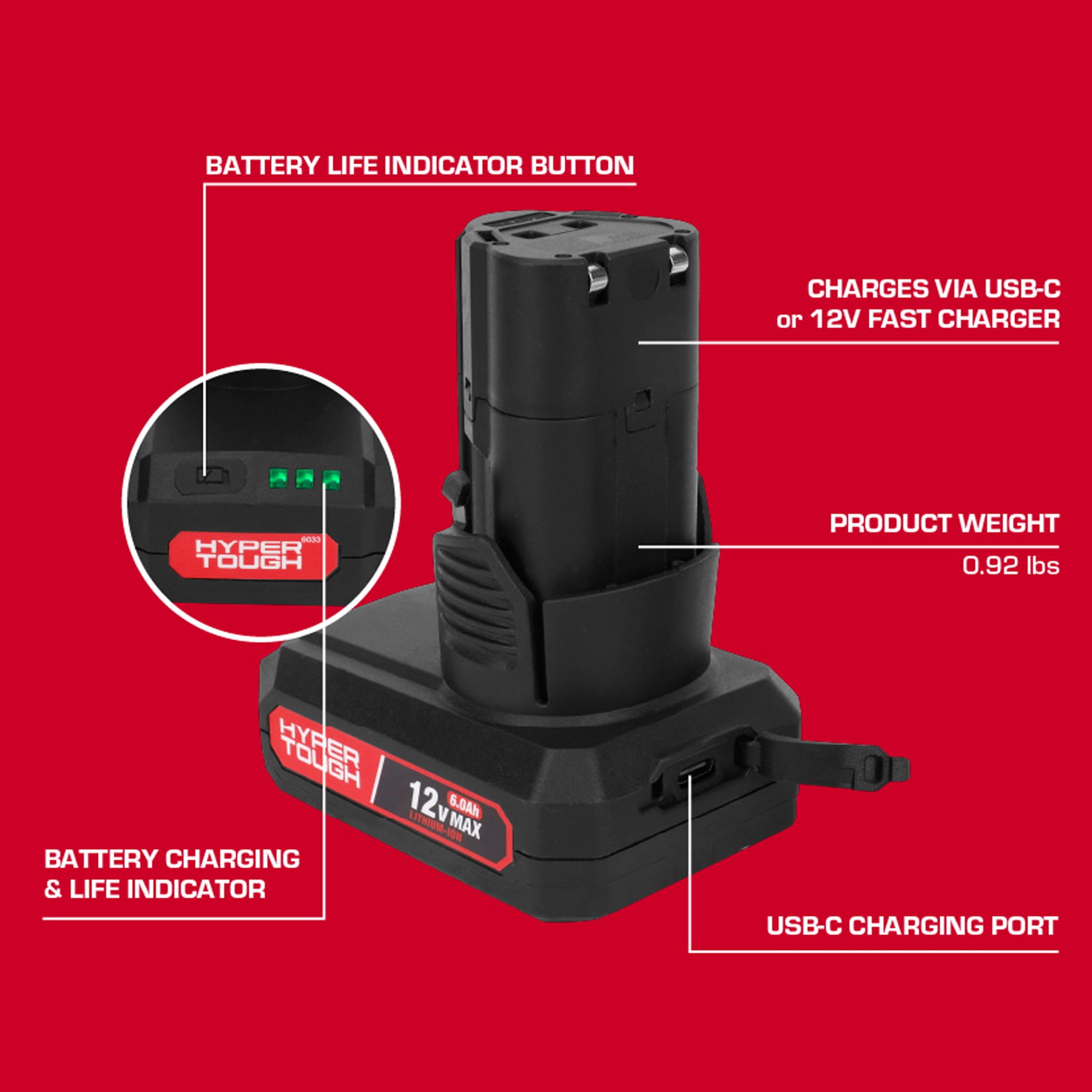 Hyper Tough 12V Max 6.0Ah Lithium-Ion Rechargeable Battery Pack