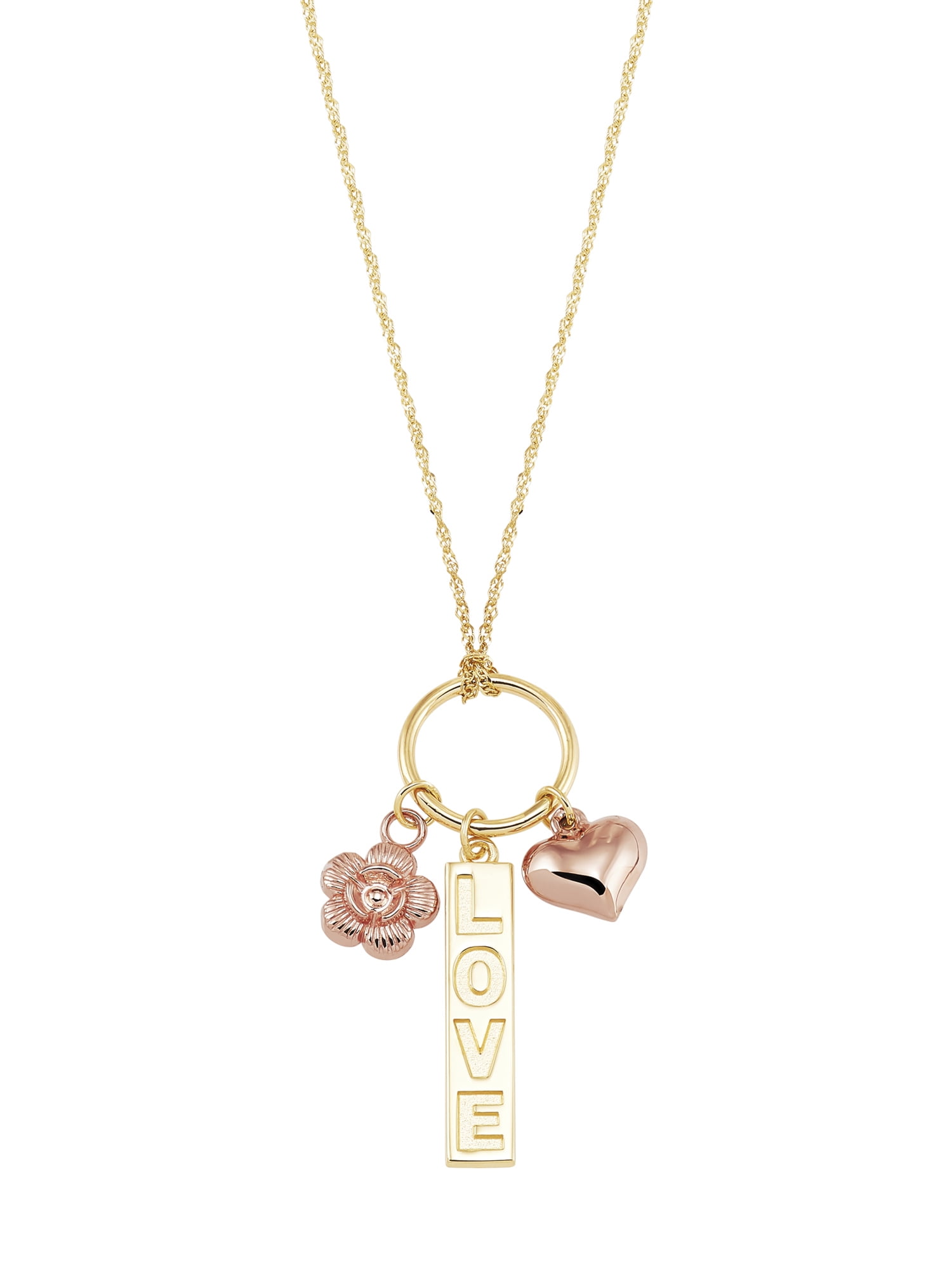 Brilliance Fine Jewelry 10K Yellow and Rose Gold Vertical Bar Love, Flower, Puffed Heart Necklace,19 inch, Women's