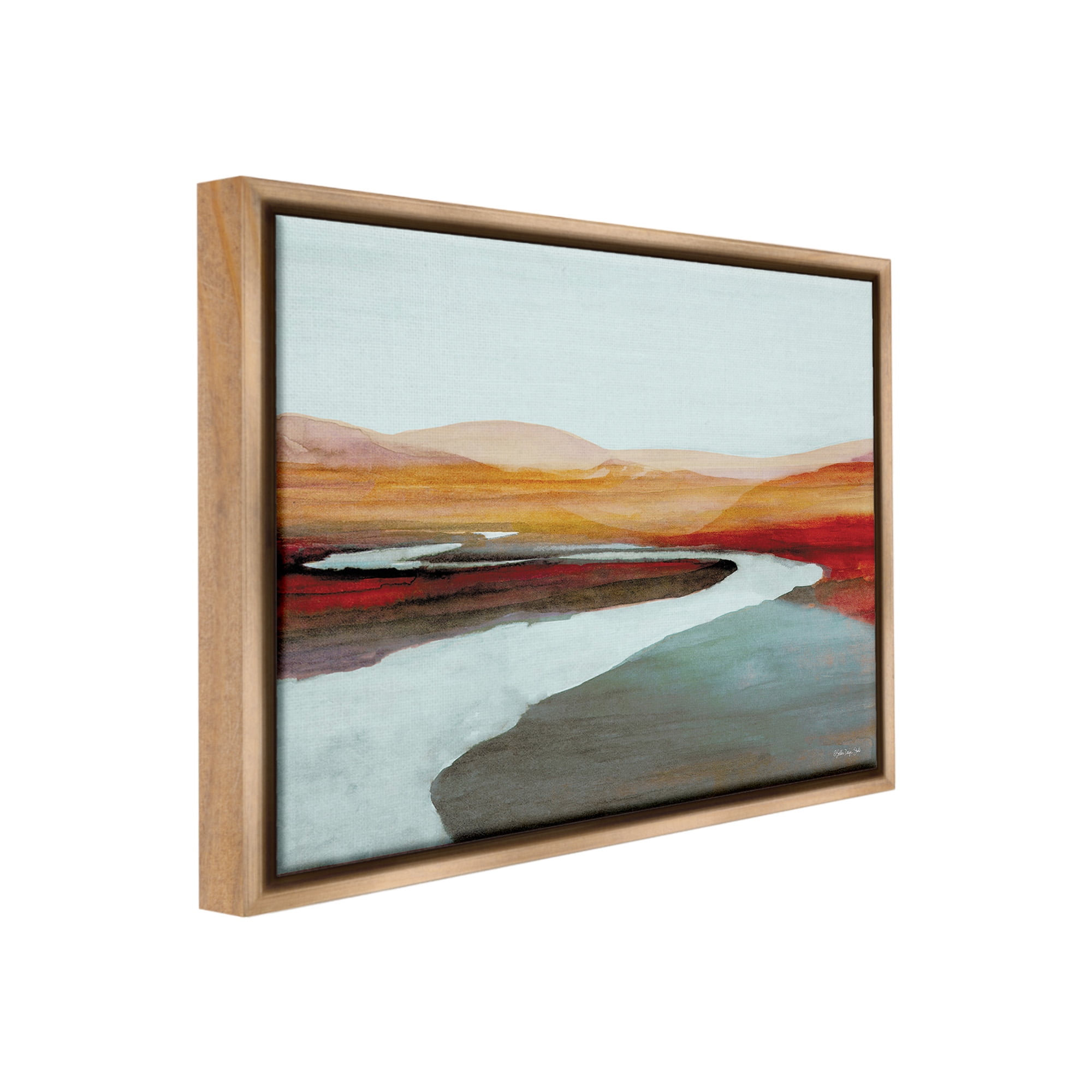Stupell Industries Flowing River Landscape Landscape Painting Brown Floater Framed Canvas Art Print Wall Art, 21 x 17