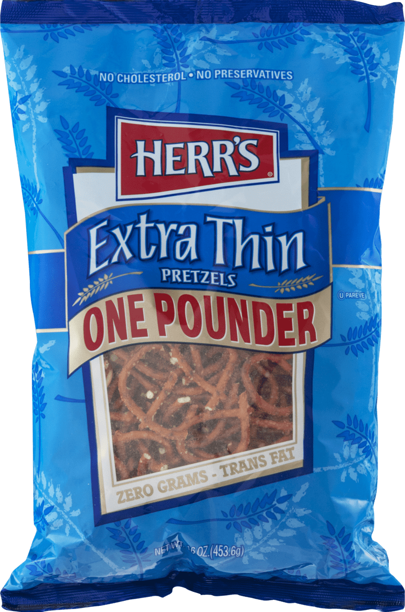 Herr's Extra Thin One Pounder Pretzels- No Cholesterol, No Preservatives- 3 Bags