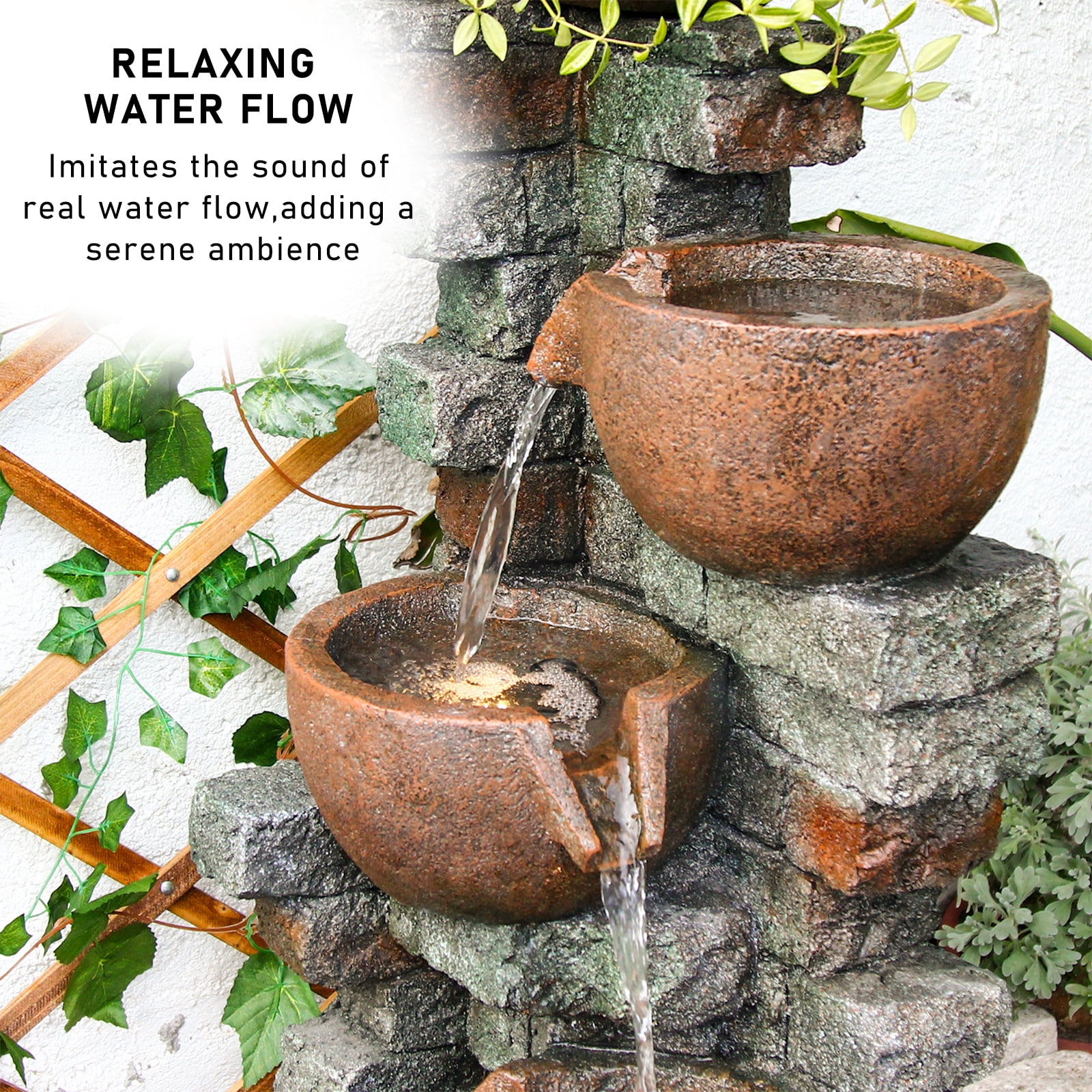 39.37''H Outdoor Water Garden Fountain 5-Tiers Cascading Bowl and Stacked Stones Waterfall Water Feature Indoor Bowl Planter Water Fountain Decor with LED Lights for Garden Patio Porch Backyard