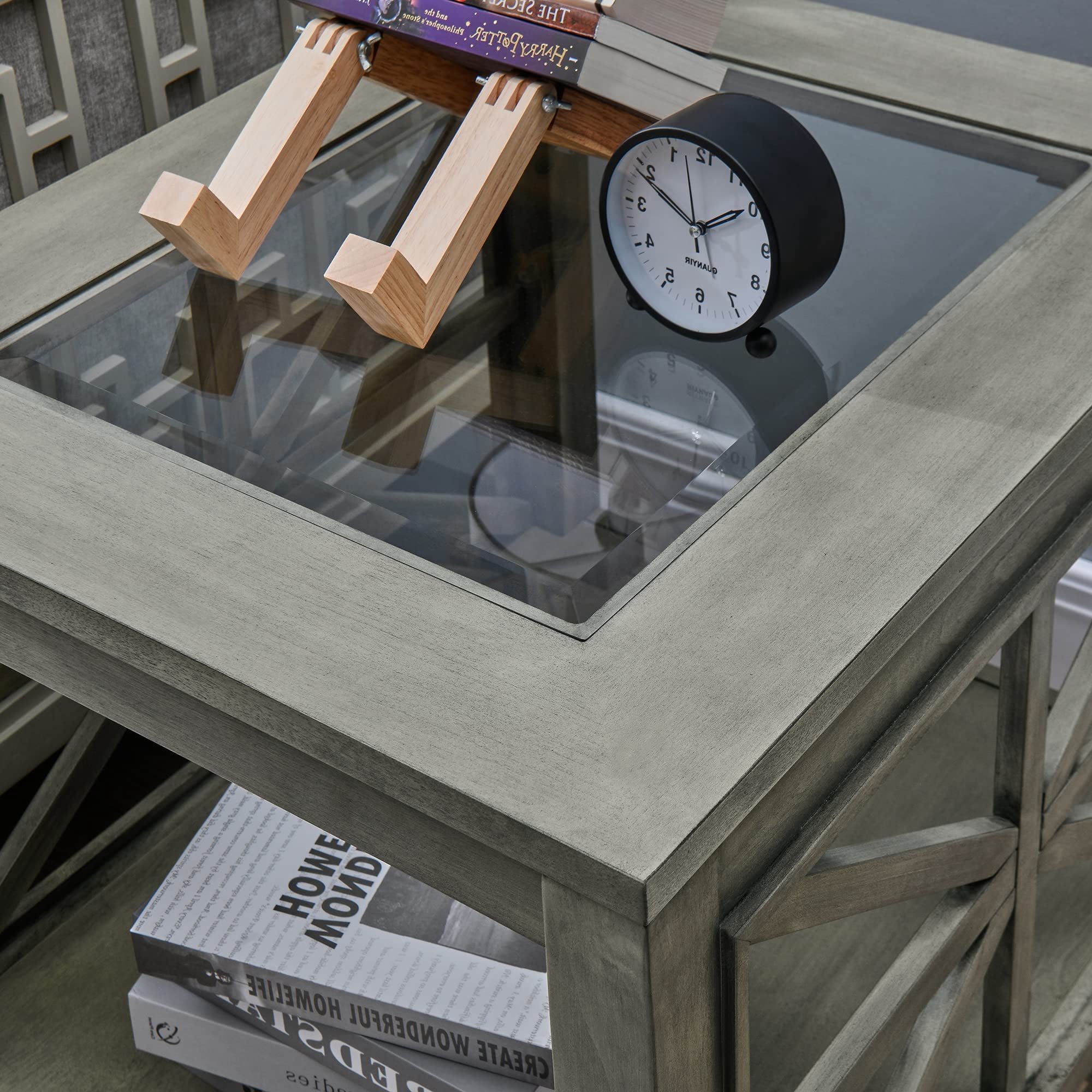 JESONVID Farmhouse End Table Living Room, Furniture Solid Wood Square Large Side Tables with Storage Chairside Coffee Table Tempered Glass Top Design Antique Gray