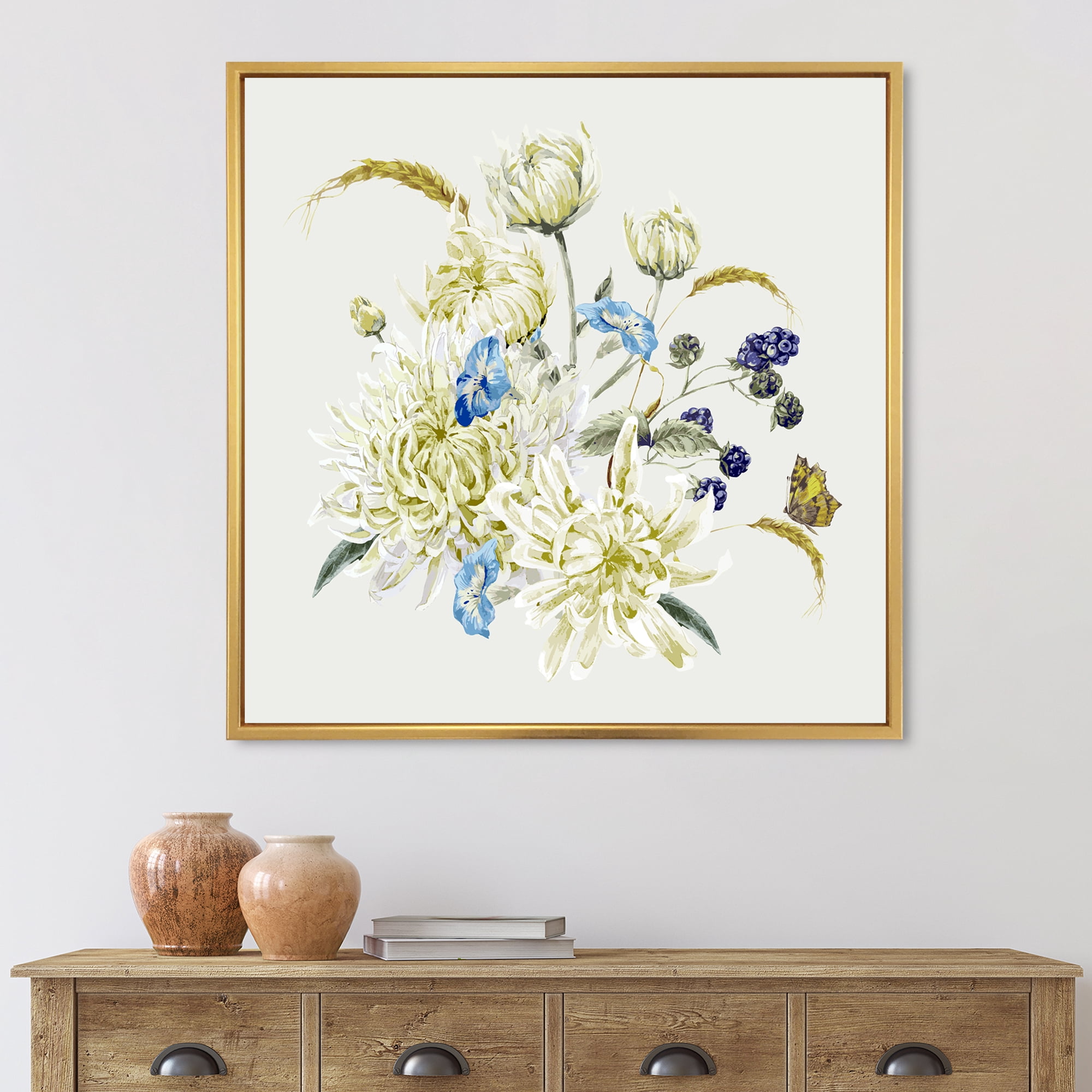 Ancient Chrysanthemums With Bouquet II 36 in x 36 in Framed Painting Canvas Art Print, by Designart