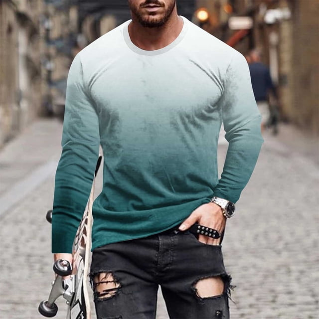 Blusas y camisas de manga larga con cuello redondo para hombre, blusa informal de manga larga con cuello redondo y estampado, blusa de poliéster para hombre