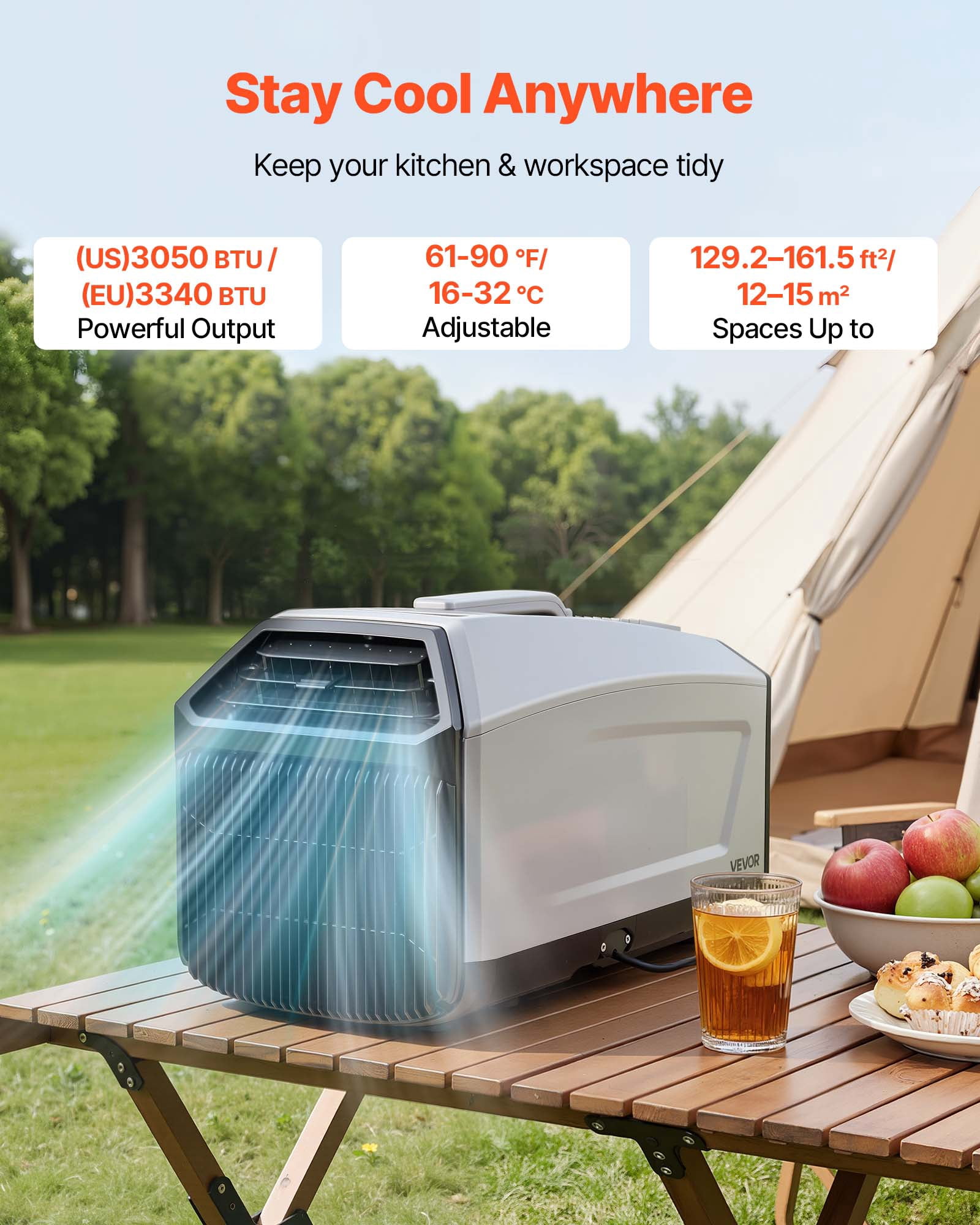 VEVOR Portable Camping Air Conditioner 3050 BTU, Tent AC Unit with Hose, Remote & Touch Control, 61–90°F Adjustable, 150 m³/h High Airflow, Low Noise, Ideal for Tent. RV, Outdoor Cooling, Dark Grey