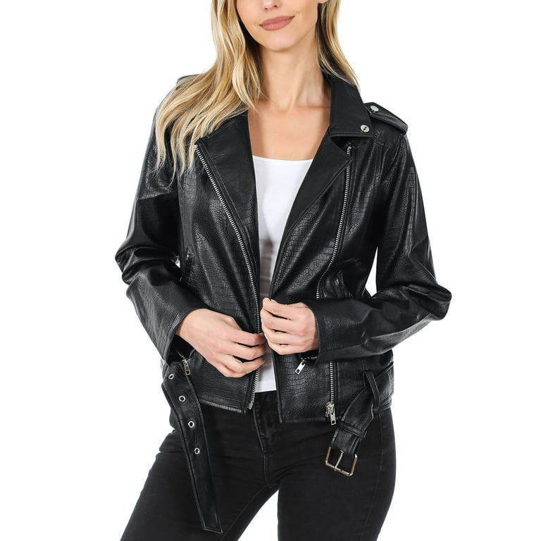 KOGMO Women s Snake Embossed Vegan Leather Moto Jacket with Belt