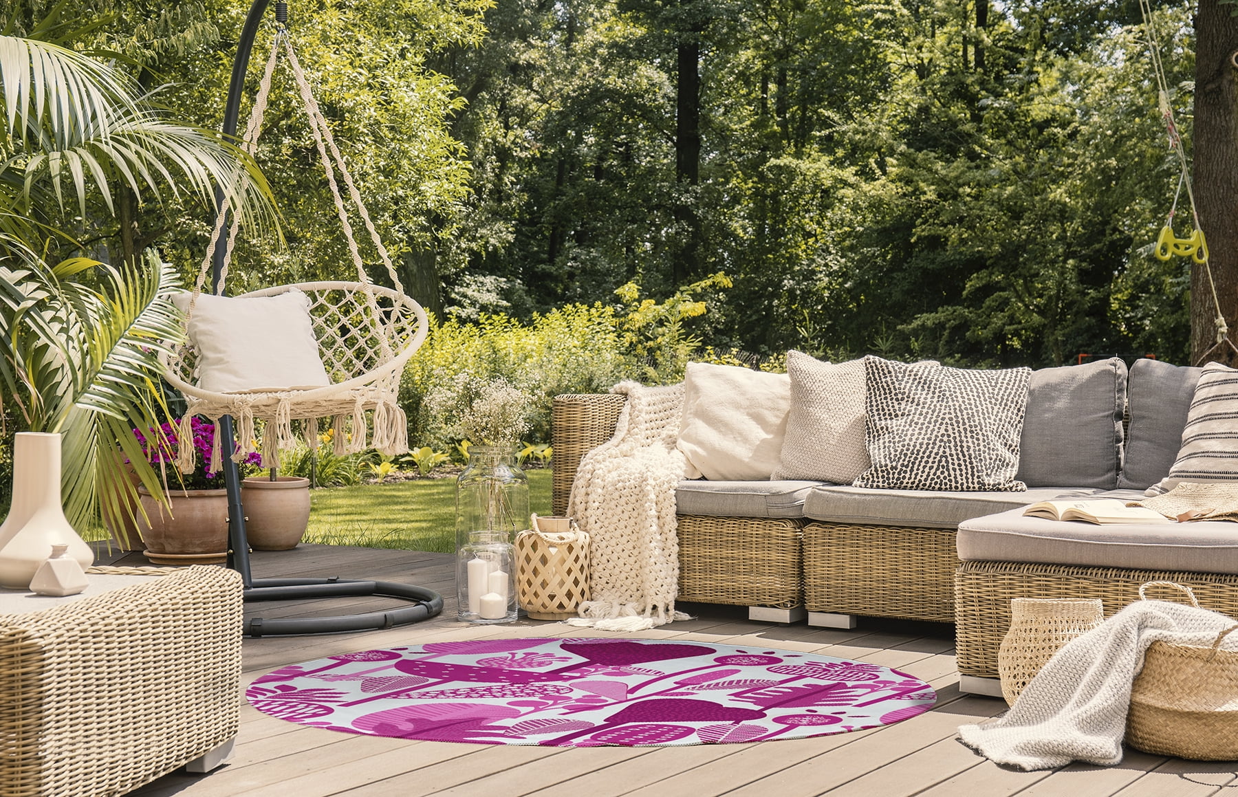 Simply Daisy 5' Round Orchid Flower Forest Spring Chenille Indoor/Outdoor Rug