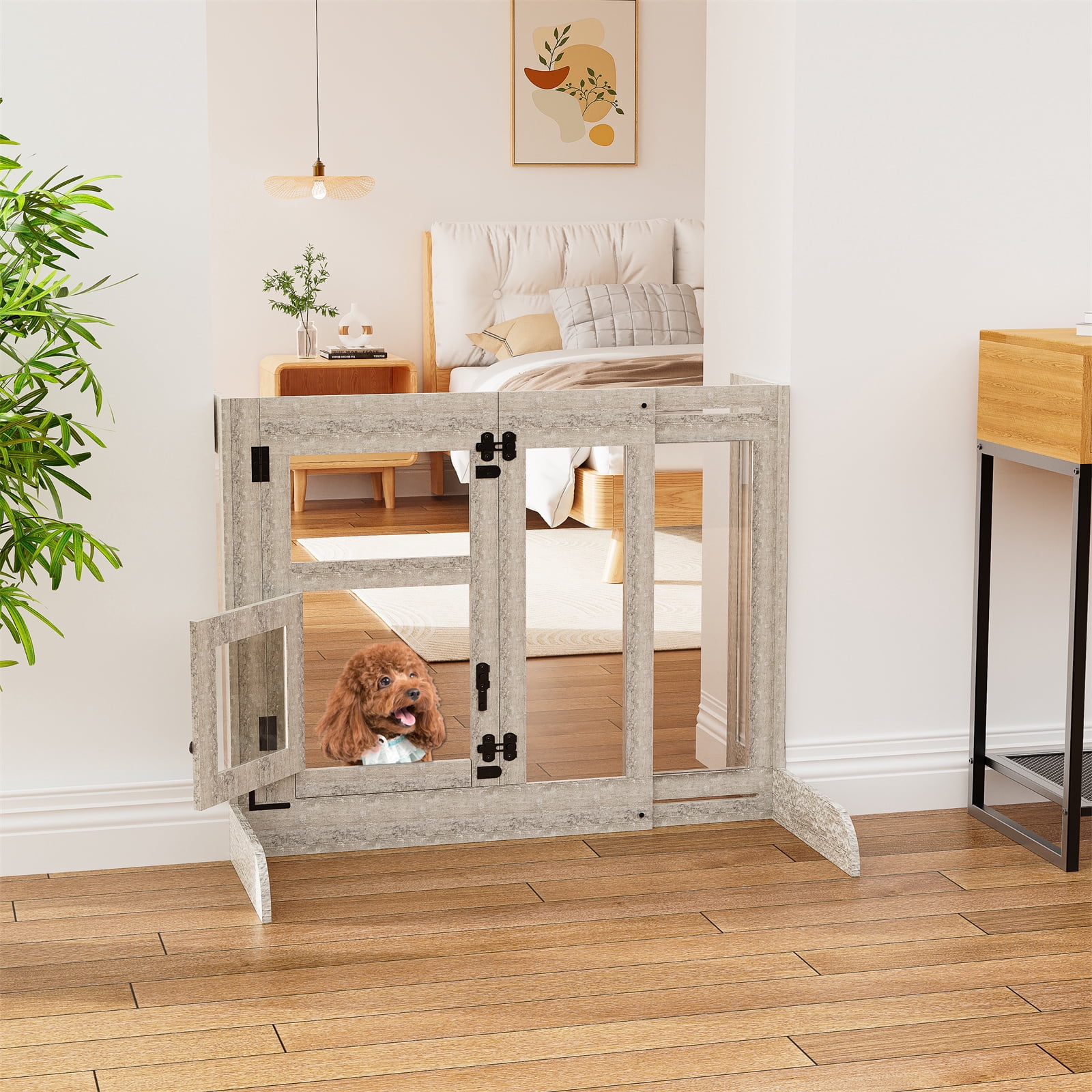 Bingopaw 32" Tall Freestanding Dog Door Gate Adjustable 25.98" to 35.43" Pet Barrier Safety Gate