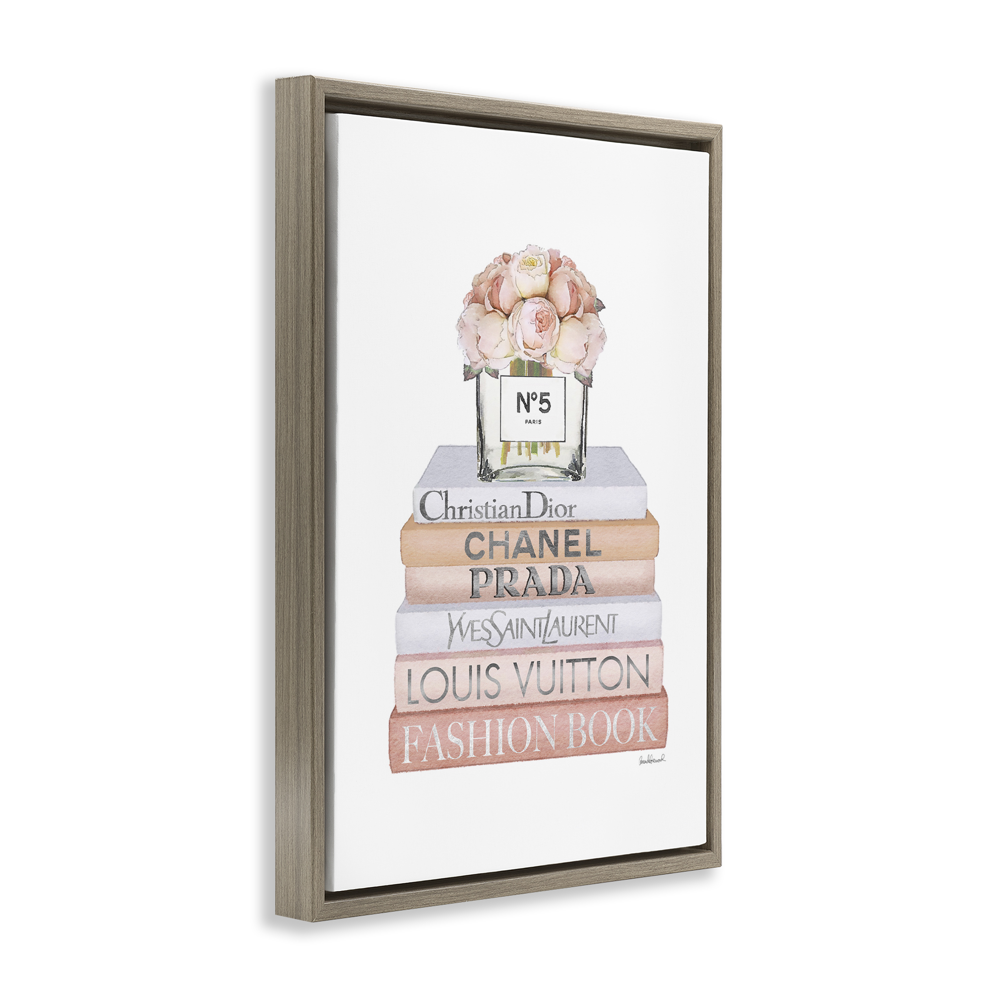 Stupell Industries Glam Bookstack & Flowers Botanical & Floral Painting Brown Floater Framed Art Print Wall Art, 21 x 31