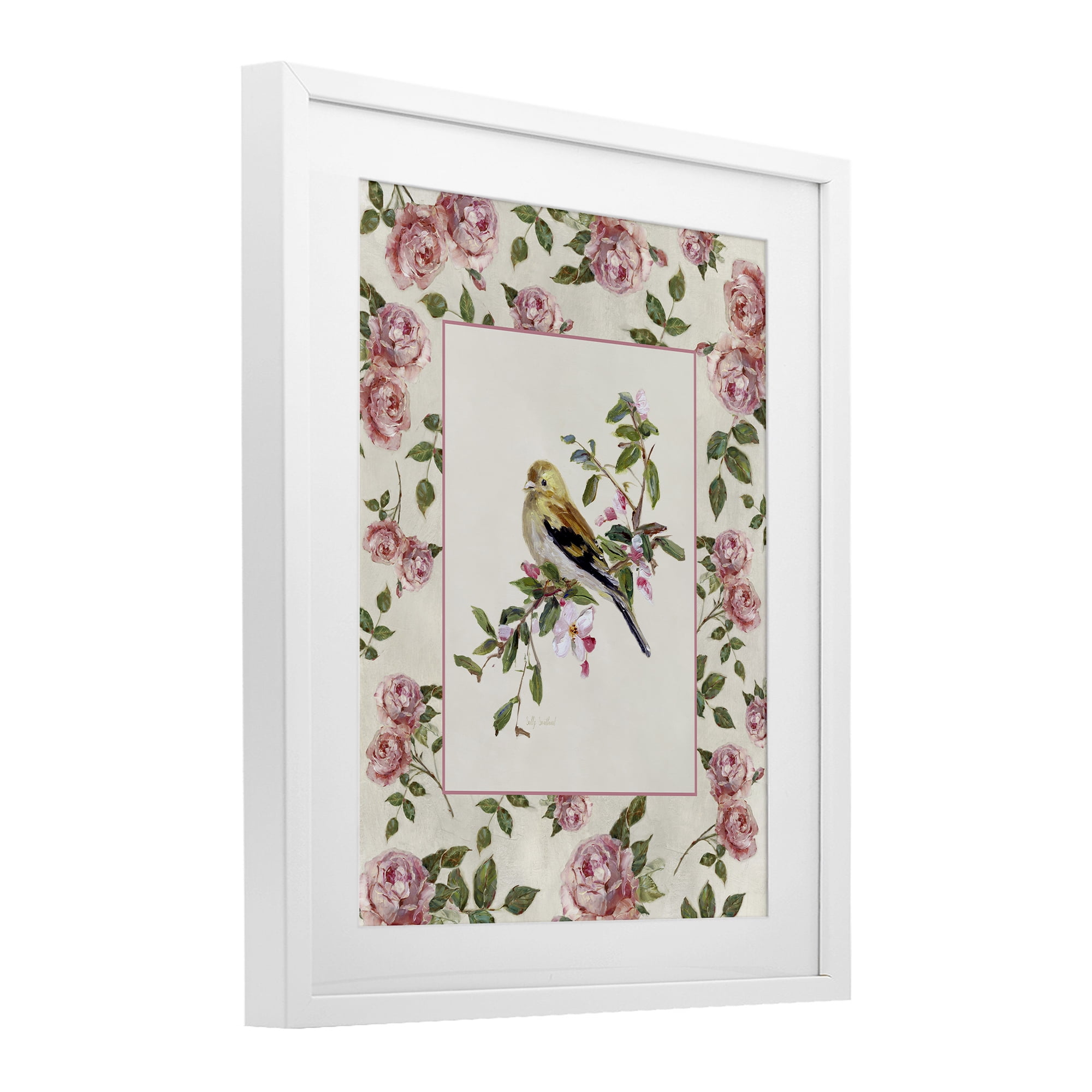 Stupell Industries Perched Bird with Dainty Roses White Framed Print Under Glass, design by Sally Swatland