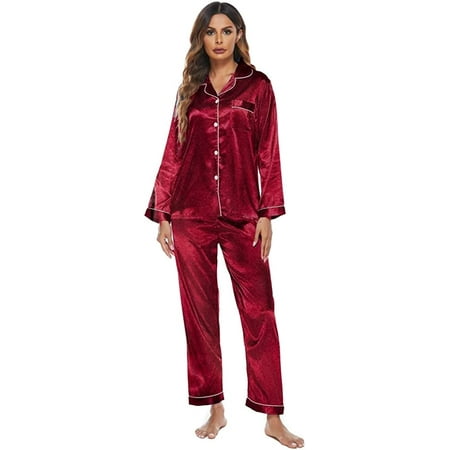 

CoCopeaunts Women s Silk Satin Pajamas Set Long Sleeve Sleepwear 2 Piece Sweatsuit Ladies Lounge Set Soft Pjs Loungewear