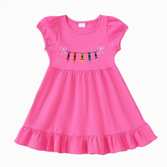 Quealent Toddler Baby Girl Back to School Dress Crayon Bow Embroidery Puff Sleeve Dresses Summer Clothes (Hot Pink, 18-24 Months)