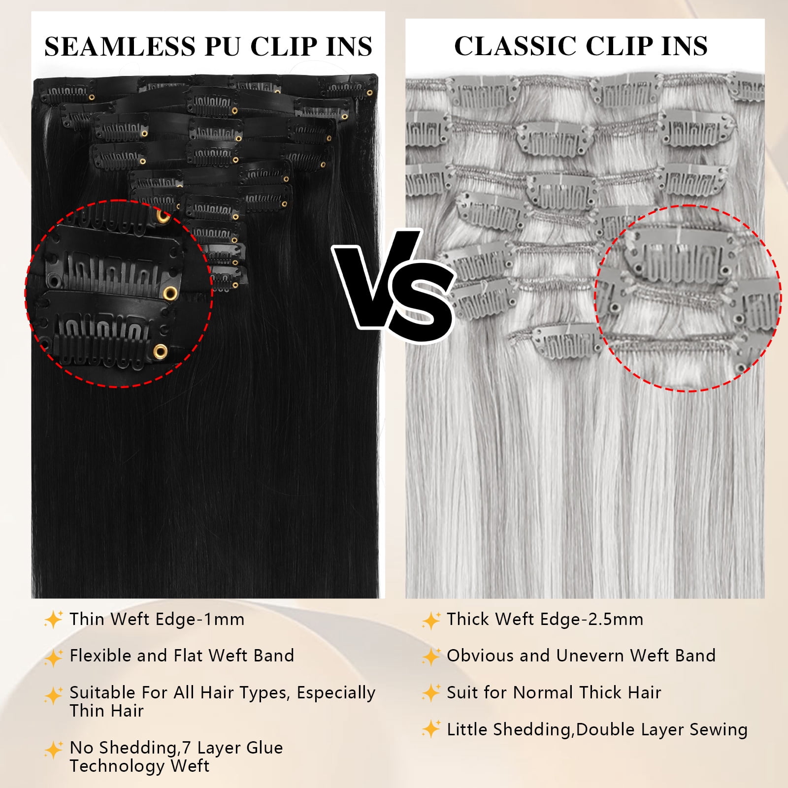 PU Clip In Hair Extensions 1# 120g 14inch