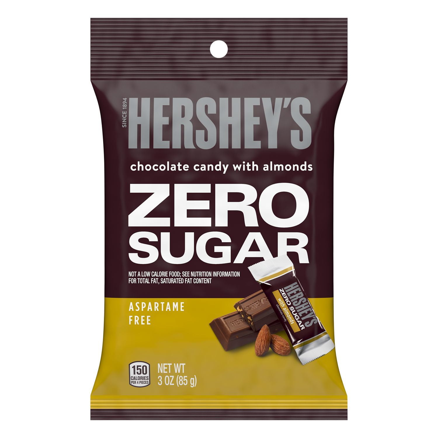 Hershey's, Zero Sugar Chocolate with Almonds Candy Bars, Individually Wrapped, Aspartame Free, 3 oz, Bag