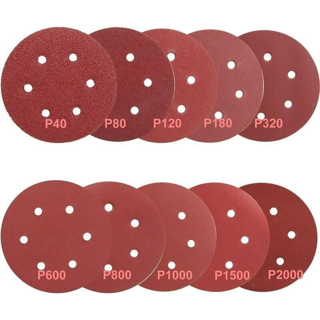 Paquete de 100 discos de lijado de 125 mm, discos de lijado, papel de lija 40/80/120/180/320/600/800/1000/1500/2000 (10 discos por tamaño de grano)