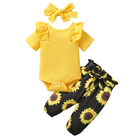 

KIMI BEAR Infant Baby Girls Pant Sets Ruffle Short Sleeves Romper Tops Floral Pants with Headband 3pcs Baby Girls Outfits Fall Yellow 18-24 Months