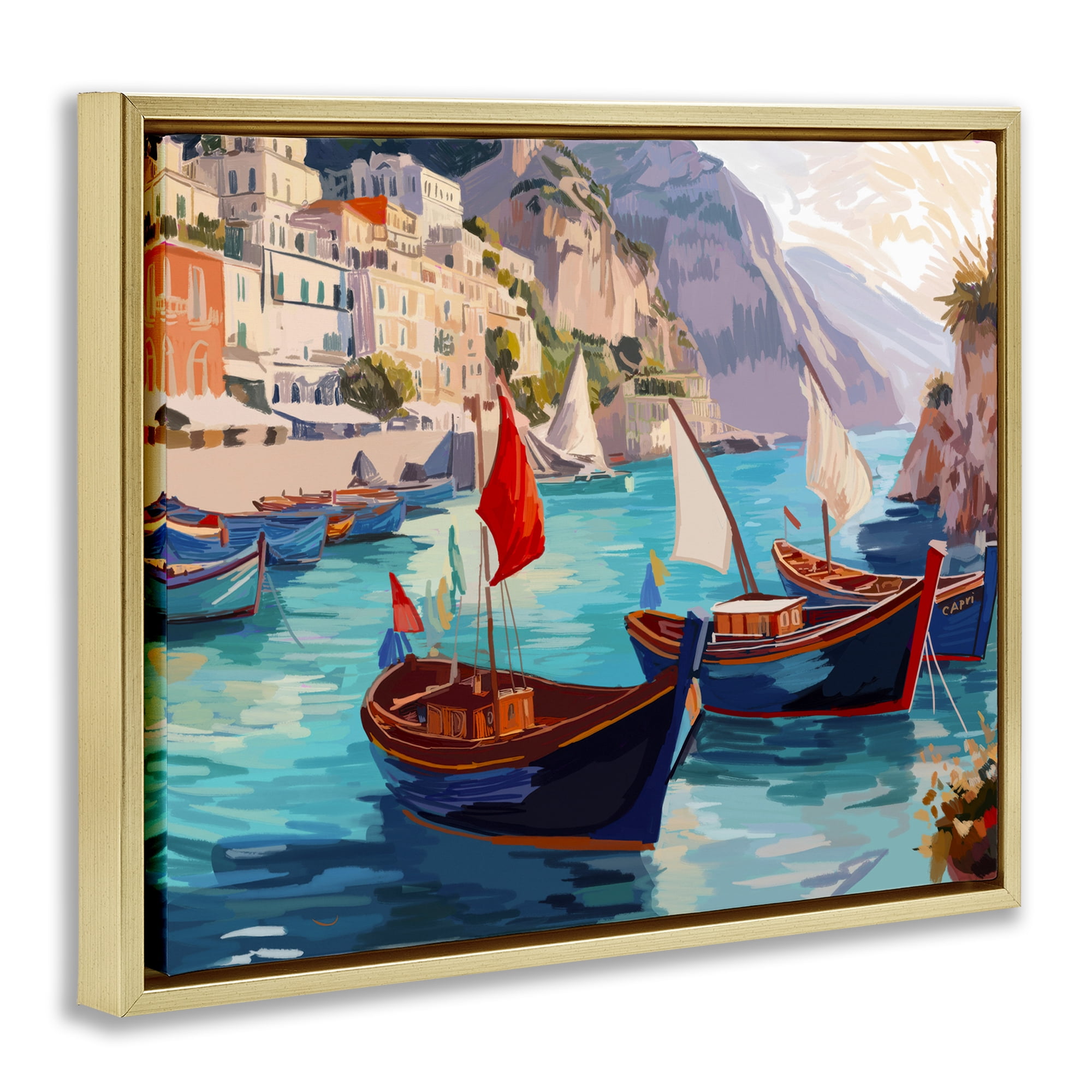 Stupell Industries Capri Boat Marina View Nautical & Beach Painting Gold Floater Framed Canvas Art Print Wall Art, 21 x 17