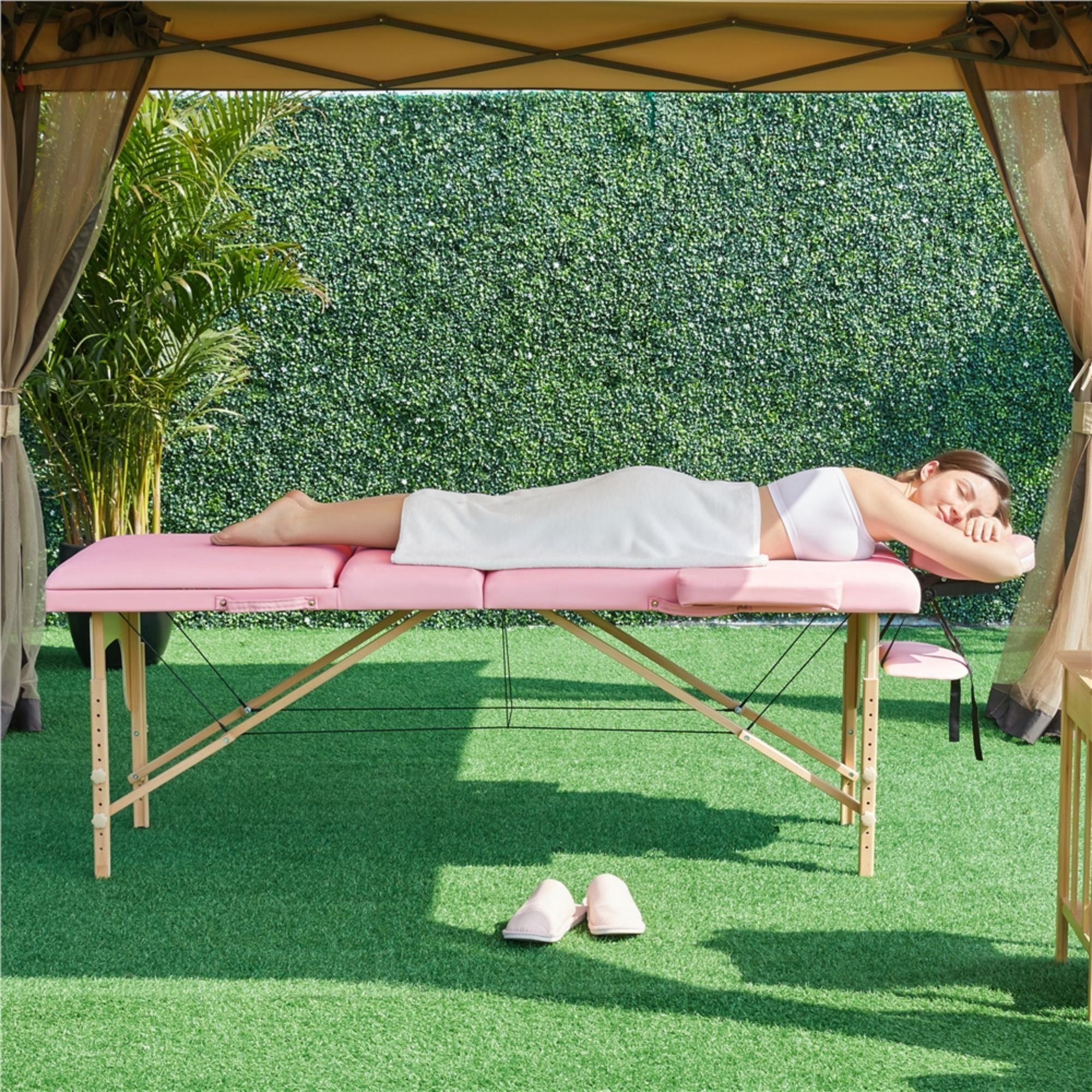 Alden Design 3 Section Portable Wooden Massage Table for Spa Treatments, Pink