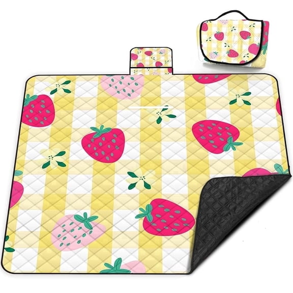 Poedist Extra Picnic Blanket Waterproof,80"x 80"Foldable Machine Washable Beach Blanket,Outdoor Blanket for 6-8 Adults,Suitable for Indoor Crawling,Park Beach,Camping,Hiking,Yellow Strawberry
