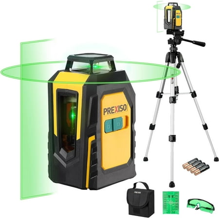 PREXISO 360° Laser Level with Tripod 100Ft Self Leveling Cross Line Laser- Green Horizontal Line for Construction Floor Tile Renovation with Target Plate Green Glasses Carry Bag 4 AA Batteries