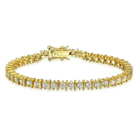 Prong Set Tennis Bracelet - Solitaire Round Bar Set Cut Cubic Zirconia CZ Thin Prong Set Tennis Bracelet Women 14K Gold Plate 925 Sterling Silver