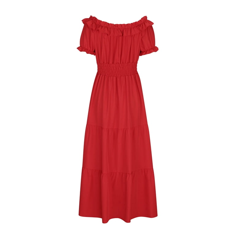 Vsssj Womens Ruffle Off Shoulder Puff Short Sleeve Elegant Long Dresses Solid Color Tunic Tiered Ruffle Evening Party Maxi Dress Red L, Women's, Size: Vsssj Womens Ruffle Off Shoulder Puff Short Sleeve Elegant Long Dresses Solid Color Tunic Tiered Ruffle Evening Party Maxi Dress Red L, Women's, Size:
