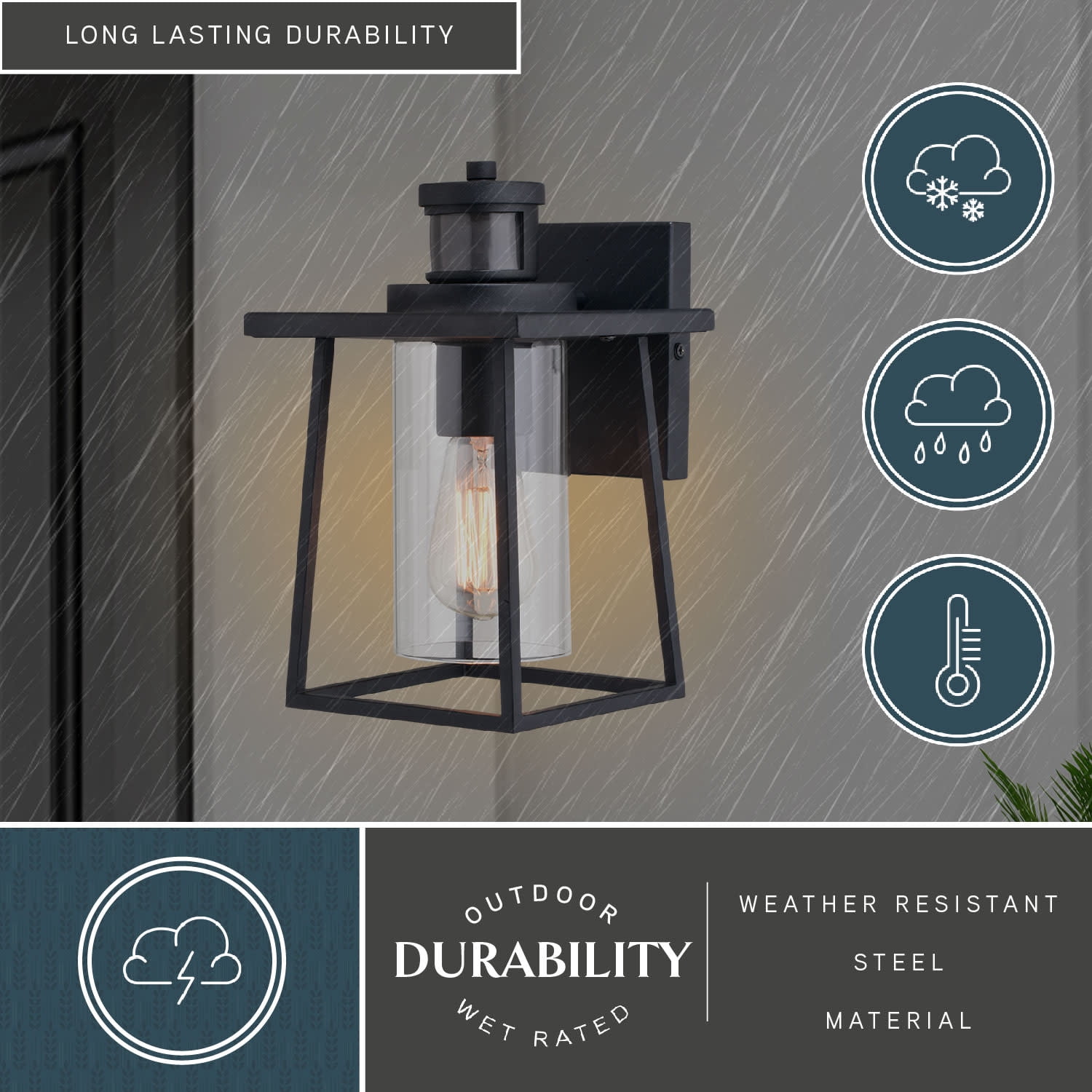 Geneva 7-in. W 1 Light Black Motion Sensor Dusk to Dawn Outdoor Wall Lantern Clear Glass
