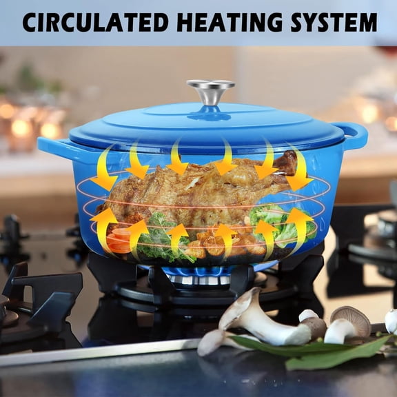 Oval Dutch Oven 5qt Enameled Cast Iron Pot with Lid for Bread Baking Stewing Braising Frying Dual Handles Easy Cleanup Blue