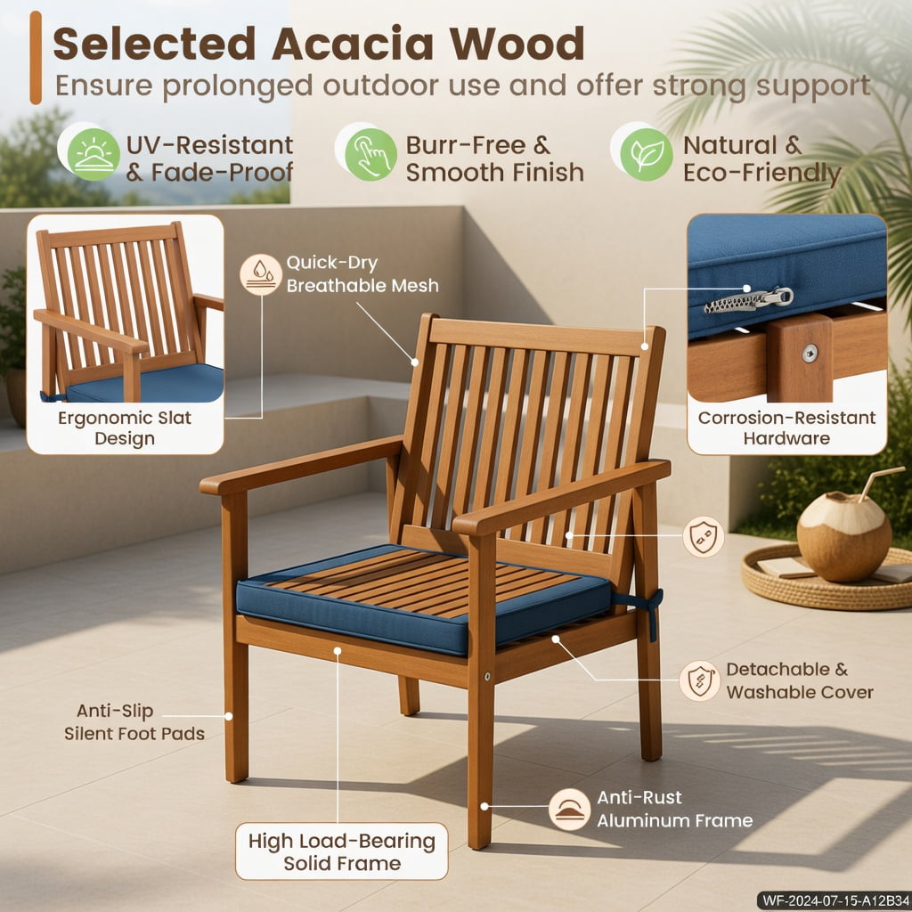 Hommoo 4-Piece Acacia Wood Patio Furniture Set, Cushioned Loveseat, 2 Chairs, Coffee Table for Backyard, Poolside & Porch, Navy