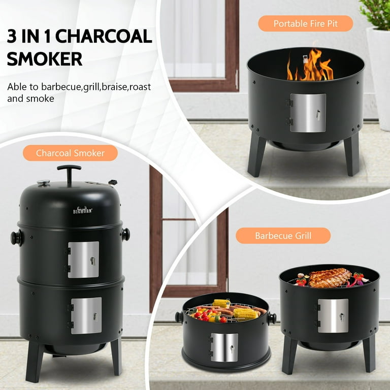 Big Horn Outdoors 3 in 1 Charcoal Smoker Grill Black Vertical Smoker 16