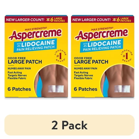 (2 pack) Aspercreme Lidocaine Pain Relief Patch for Back, Neck & Shoulder Pain, Topical Patches With Max-Strength 4% Lidocaine & Flexible Fabric Numbs Away Pain, 6 Ct.