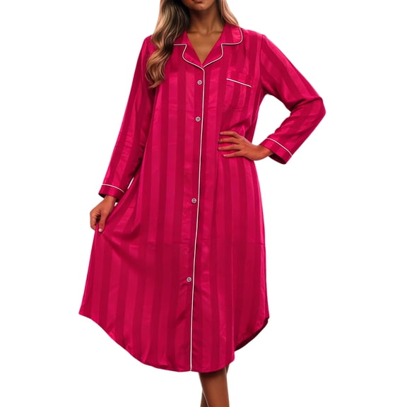 ZHOGXU Summer Dresses For Women Long Sleeve Lapel Striped Print Buttons Maxi Loose Fit Nightdress For Home Wear,Red,Xxxxl