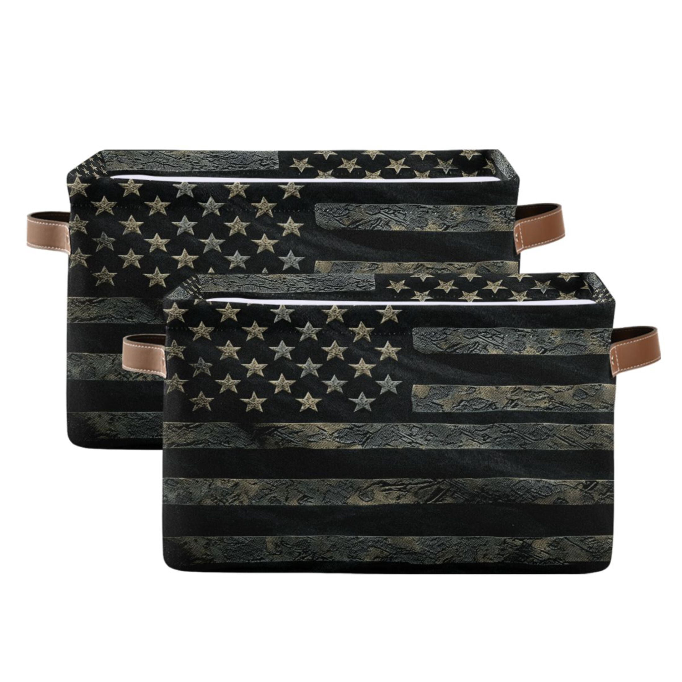 WOBOGO Black Design American Flag Square Storage Basket with Waterproof Canvas and PE Lining Durable PU Leather Handles 14.2×10.2×8.3in