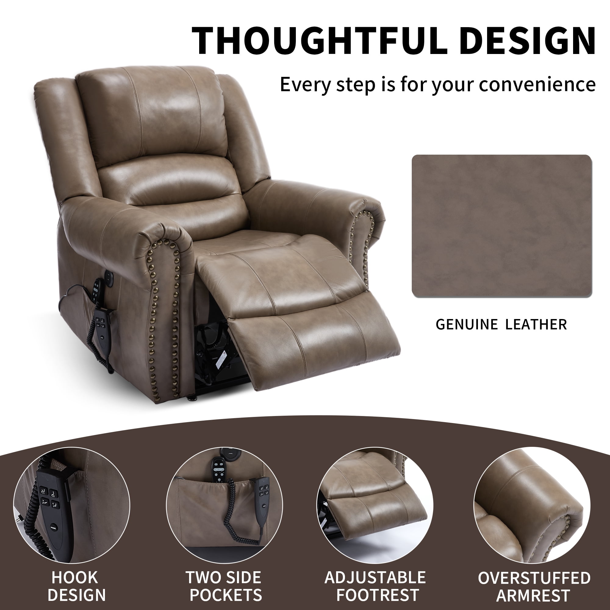 Alvantor Power Lift Recliner Chair for Elderly with Massage and Heat, Leather Lift Recliners Chair with USB Ports Brown