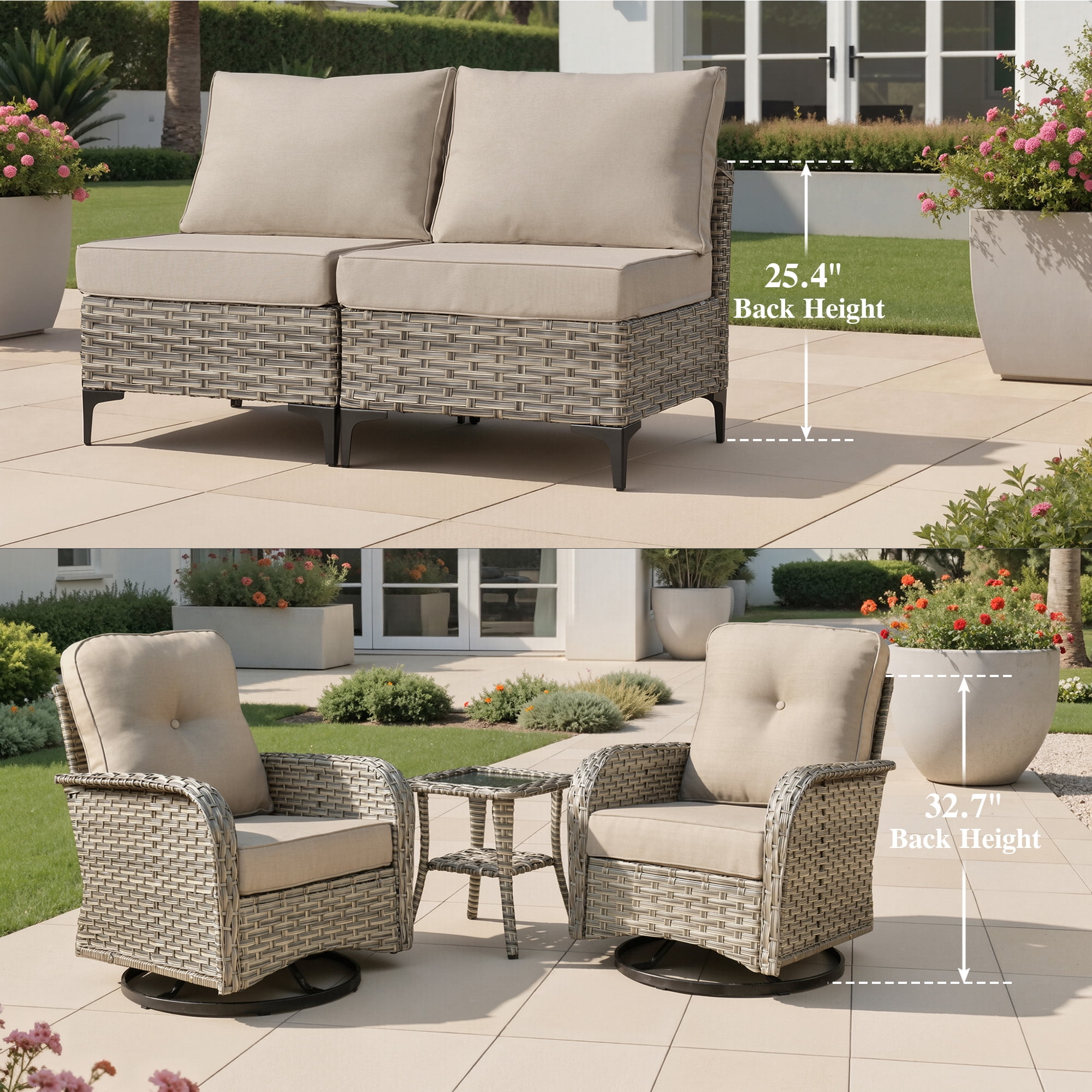 Ovios 11 Pieces Patio Furniture Set All-Weather Wicker Outdoor Sectional with 54" Fire Pit, Swivel Chairs & Solar Table