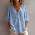 thumbnail image 2 of VBVC Women's Cotton Linen V Neck Button Blouse, Ladies' Loose Fit Long Sleeve Top, Casual Work Office Tunic Shirt For Women, Blue , S-2XL, 2 of 7