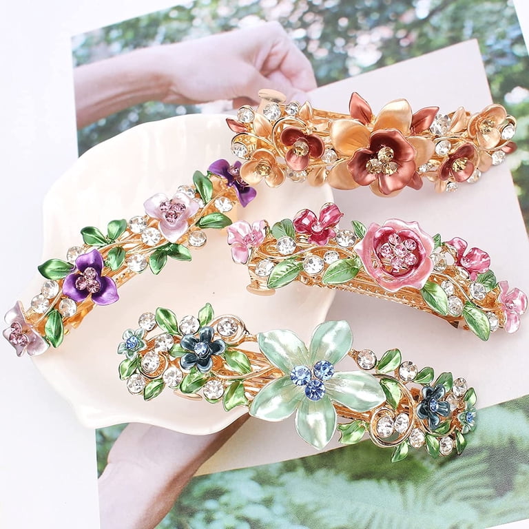 Vintage 4 Pairs of Handset Crystal Flower Hair Barettes Bexikou Large Rhinestone Flower Barrettes for Women, 4 Pcs  main image 3