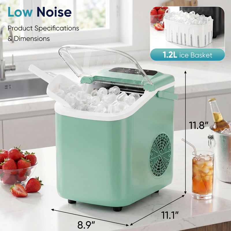 Gianna Ice Maker, Nugget Ice Makers Countertop, Portable Handle, 26lbs Daily, 9 Bullet Cubes in 6~8 Mins, Self-Cleaning with Basket and Scoop for Home，Kitchen，Green