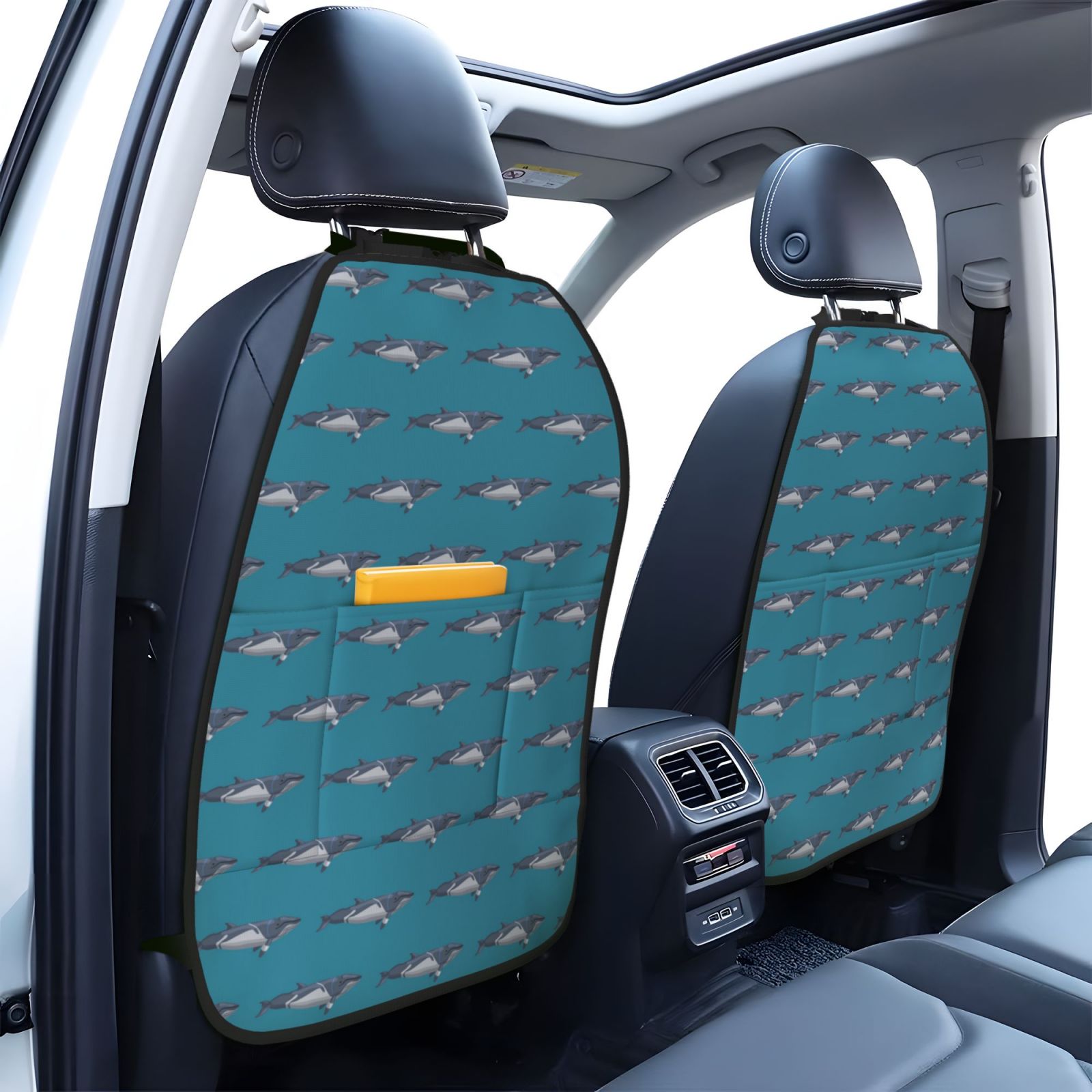 Kdxio Cartoon Whale Print 2 Pack Car Kick Mat Seat Cover Back Protector Mat with Pockets for Organizer Backseat Protector and Storage Anti Kick Pad for Vehicles