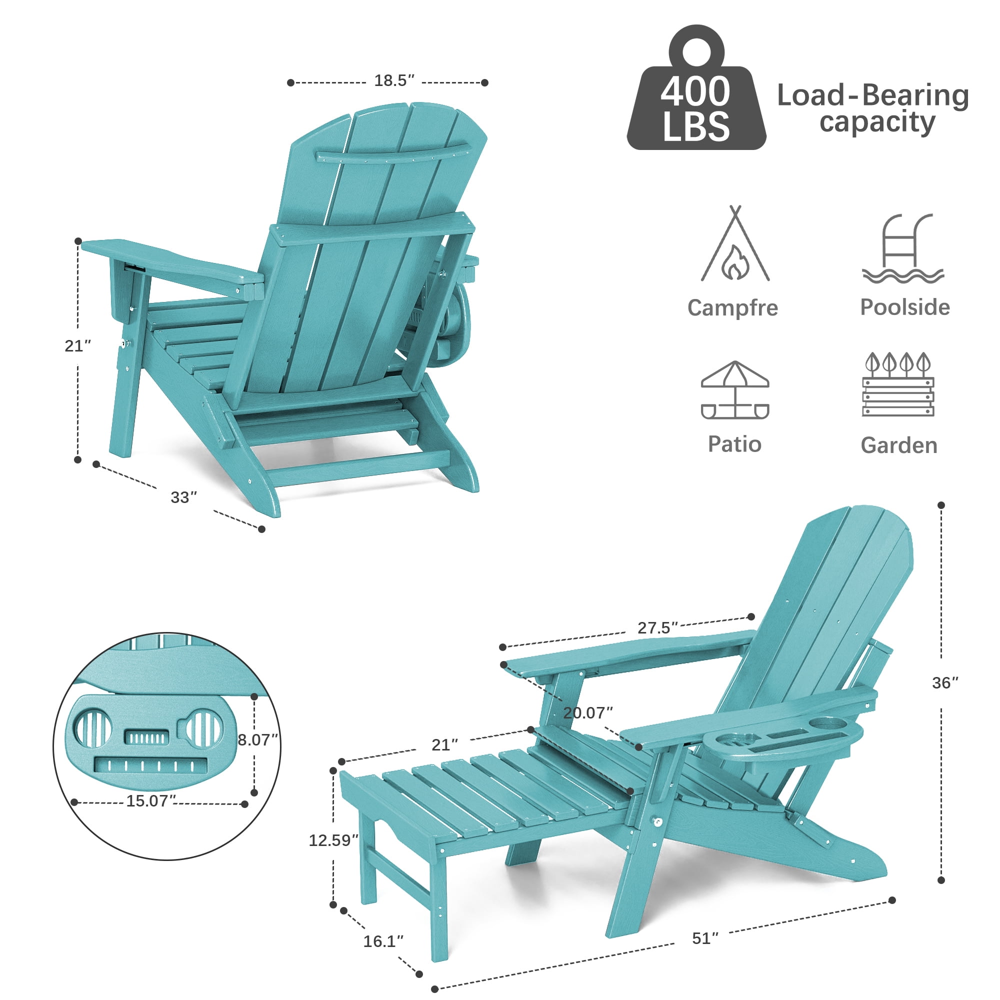Folding Adirondack Chair with Retractable Ottoman, HDPE All-Weather Resistant Adjustable Backrest Adirondack Chair w/4 in 1 Cup Holder Trays, Aruba Blue