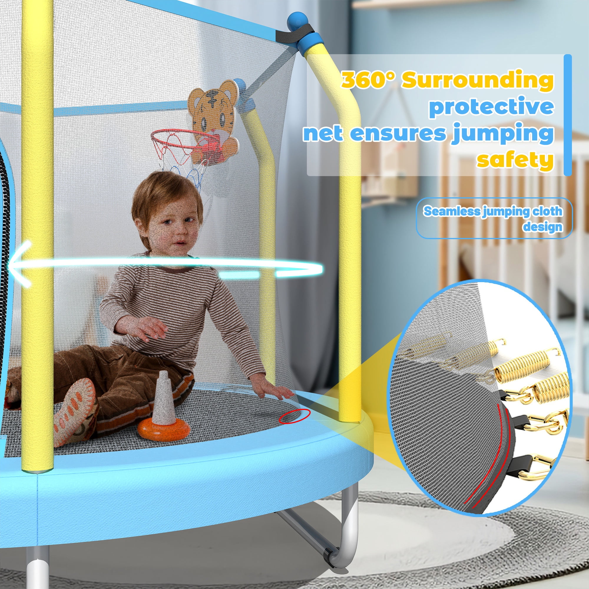55" Trampoline with Enclosure for Kids, SEGMART Indoor Outdoor Toddler Trampoline with Basketball, Indoor Outdoor Kids Trampoline with Basketball Hoop, Small Round Trampoline for Boys Girls
