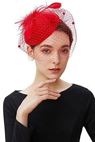 BABEYOND Women's Fascinators Hat Mesh Feather Fascinator Veil Kentucky Derby Hat for Cocktail Tea Party