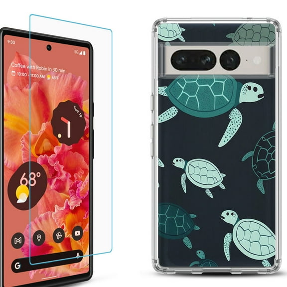 Shockproof Bumper Phone Case for Google Pixel 7, with Tempered Glass Screen Protector, by OneToughShield ® - Sea Turtle Mix